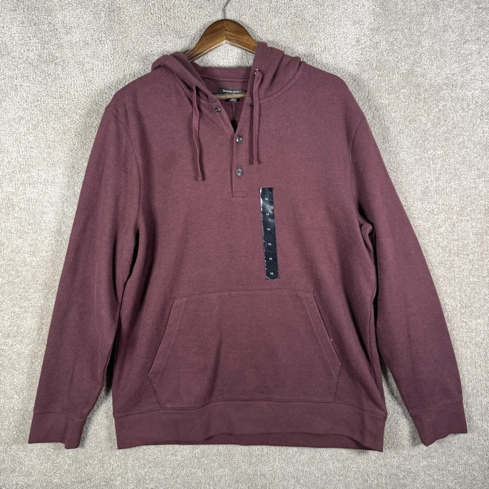 Banana Republic Hoodie Mens‎ XL Red Thermal Henley Pullover Kangaroo Pocket
